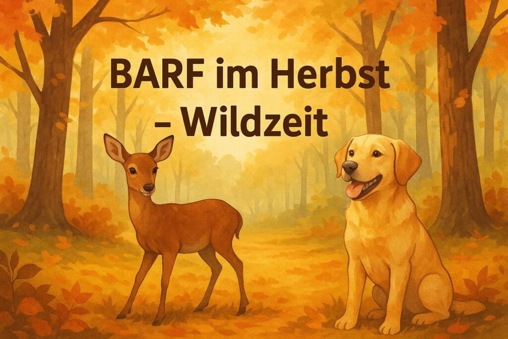 Barf mit Wildfleisch - Bild mit Hund und Reh im Wald, warme Atmosphäre