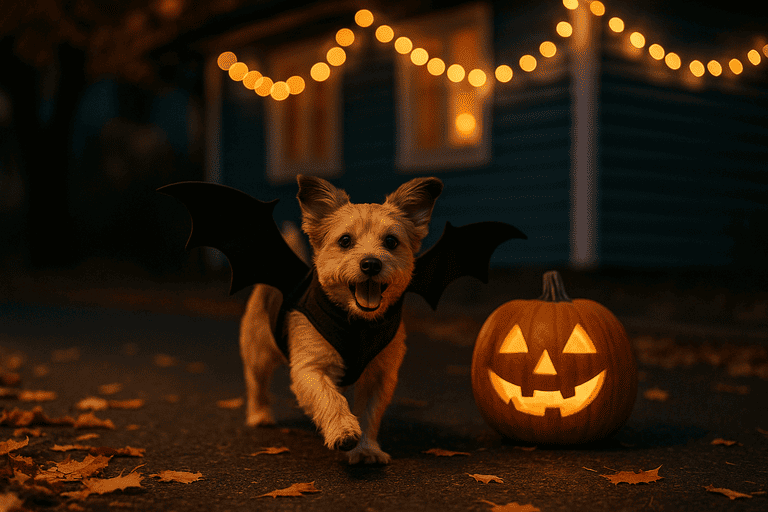 halloween kostueme hund. Kleiner Hund mit Kürbis und Beleuchtung.
