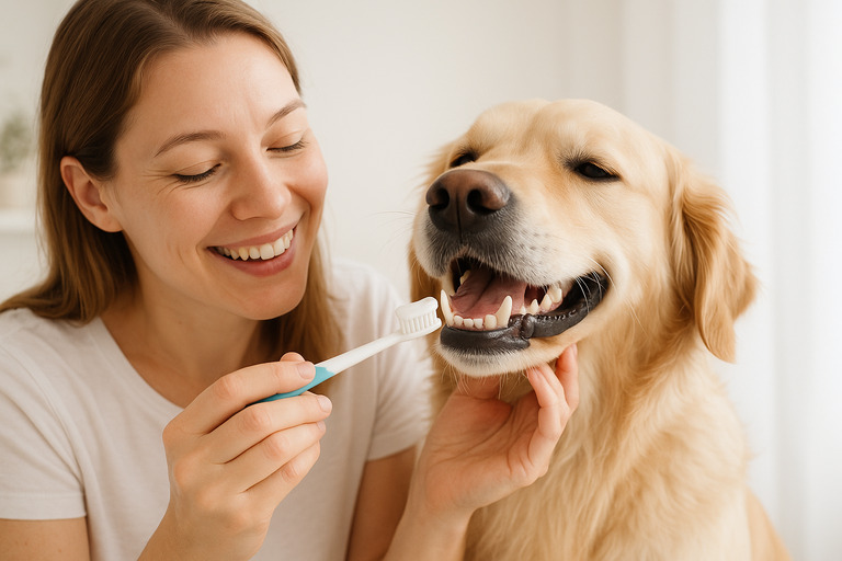 Zahnpflege Hund - Frau putzt einem Golden Retriever die Zähne