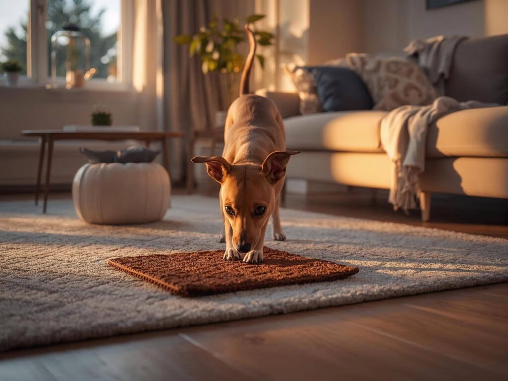 Beschäftigung für Hunde – 10 kreative Ideen für drinnen Beschäftigung für Hunde, ein brauner schlanker Hund schnüffelt an einem Teppich, KI generiert